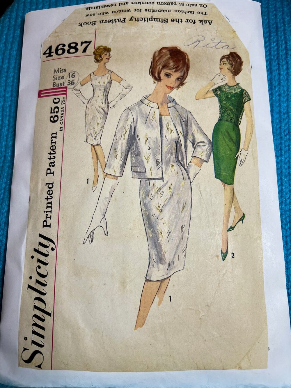 Simplicity 4687 pattern dress bodycon jacket 1960s size 16